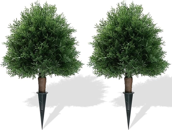 20" Artificial Cedar Topiary Ball Trees with Ground Spike, 2 Pack UV Resistant Artificial Shrubs, Fake Evergreen Artificial Plant Brush for Indoor Outdoor Front Porch Garden-VerdiqueGarden