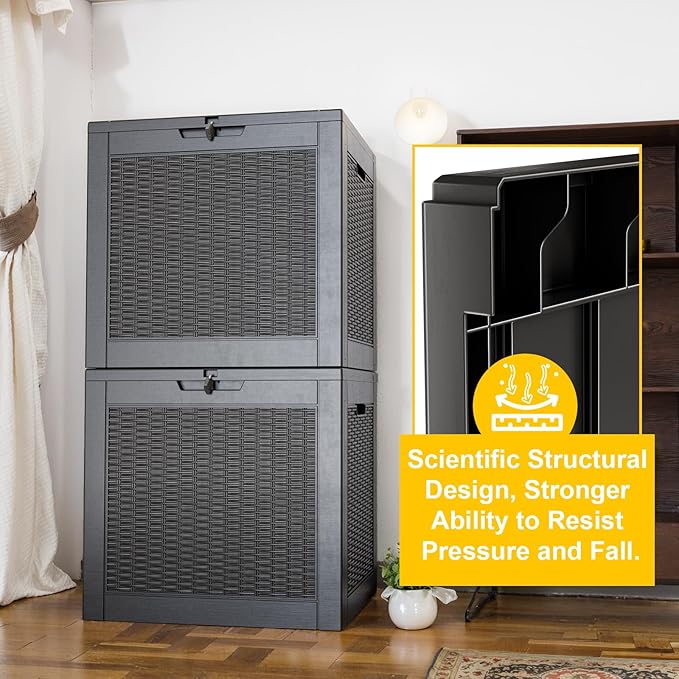 30 Gallon Wicker Pattern Resin Deck Box, Lockable Patio Outdoor Storage Box for Furniture, Garden Tools and Tools Storage, Waterproof Outside Storage Box - Black Rattan-VerdiqueGarden