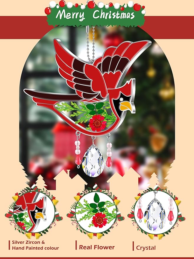 KY&BOSAM Cardinal Suncatcher Crystal Had Painted Glass Sun catchers Hangings for Windows Ornament with Pressed Real Flower and Heart Charm Birthday Gifts for Women Mom Mother's Day Christmas Mom Gifts-VerdiqueGarden