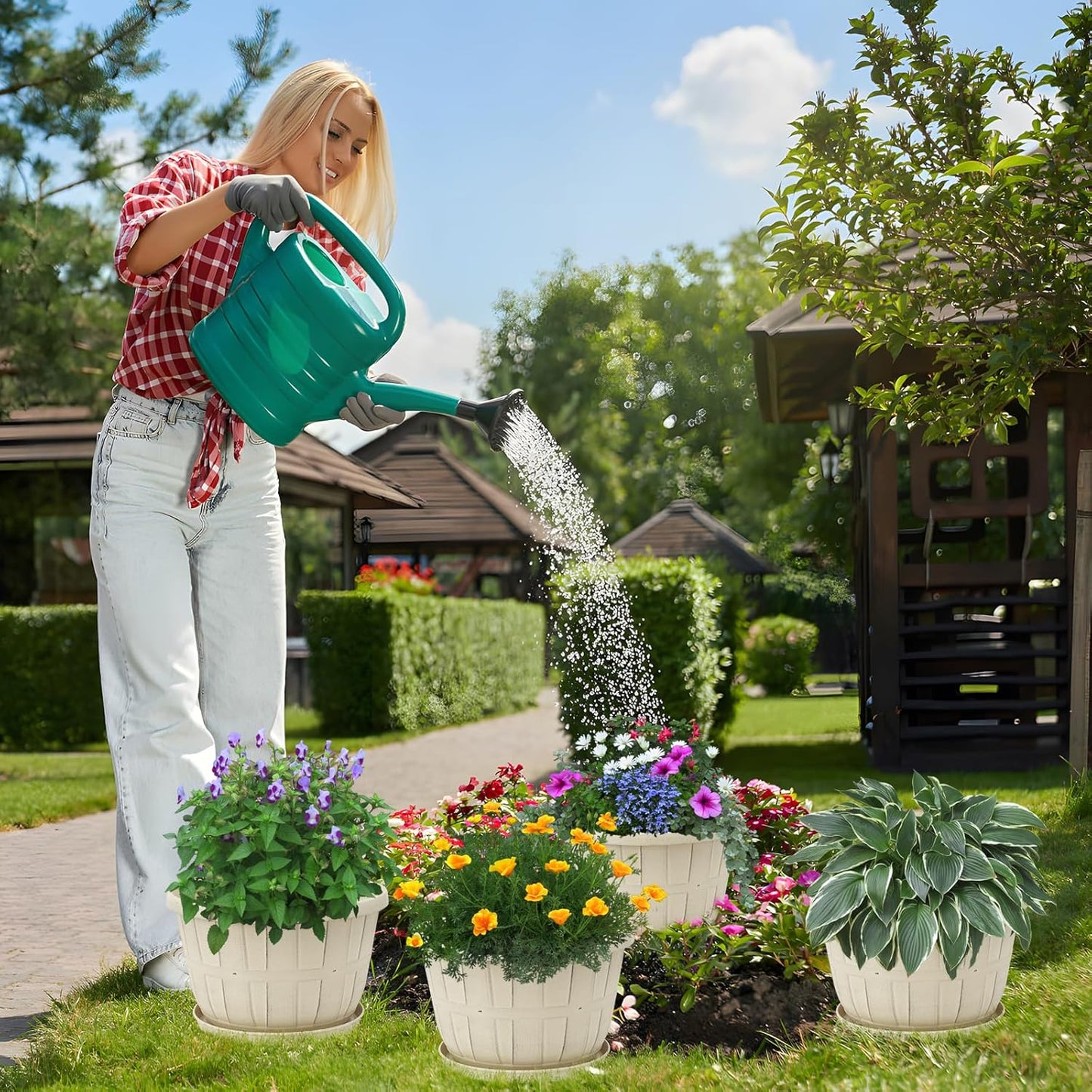 Quarut 12 Inch Large Planter Pot for Plants Indoor Outdoor, 4 Pack Plastic Flower Pots with Drainage Hole & Tray, Modern Decorative Garden Pot with Saucer, Plant Container for House(White)-VerdiqueGarden