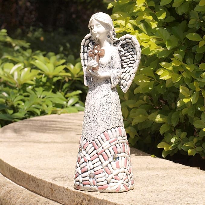 Angel Garden Statues Outdoor Solar Decor Gifts for Women Cross Praying for Cemetery Backyard Lawn Yard Decoration(10.24inch)-VerdiqueGarden