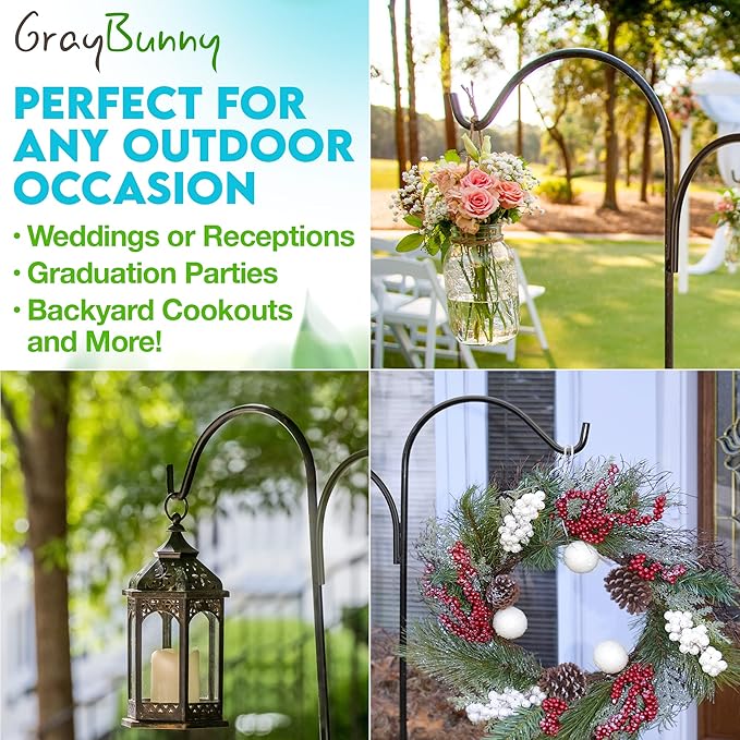 Gray Bunny Dual Sided Shepherds Hooks for Outdoor - 65" Heavy Duty Metal Bird Feeder Pole & Lantern Pole, 1/2" Thick Plant Hangers Outdoor, Great for Weddings Décor & Mason Jars - Black-VerdiqueGarden