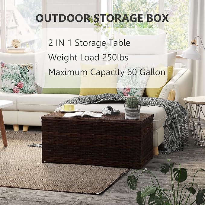 Outdoor 70 Gallon Wicker Storage Box with Waterproof Liner, Patio PE Rattan Storage Container for Outside, Deck Box with Hinged Lid for Cushions, Pillows, Towels, Horizontal Bin, Brown-VerdiqueGarden