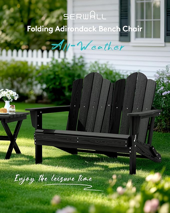 SERWALL Folding Adirondack Bench, HDPE All-Weather Adirondack Loveseat, 660 lbs Capacity, Foldable Outdoor Patio Bench for Deck, Lawn, Garden, Black-VerdiqueGarden