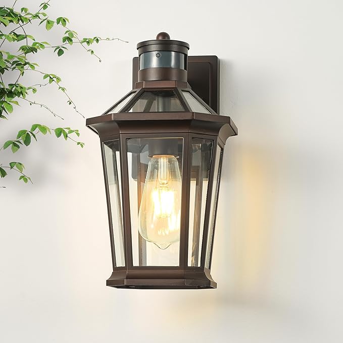 VIANIS Motion Sensor Outdoor Lights, Oil Rubbed Bronze Dusk to Dawn Outdoor Wall Lights Exterior, Waterproof Wall Lantern with Tempered Glass, Modern Outside Wall Sconce for Garage Front Porch, E26-VerdiqueGarden