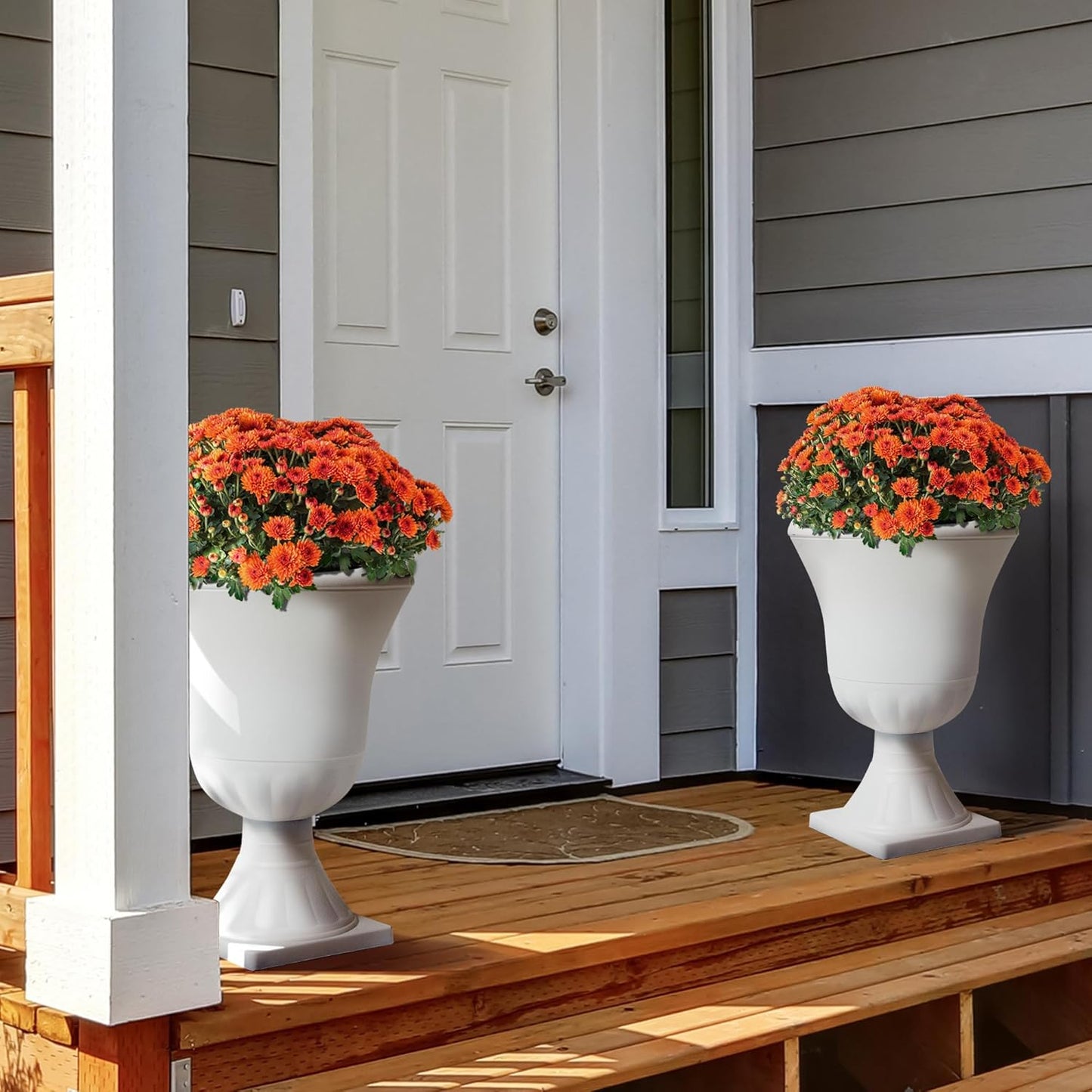 Worth Garden 2-Pack Plastic Urn Planters - 22'' Tall Round Classic Resin Flower Pots Pure White Traditional Large Plant Pots for Front Porch Patio Deck Wedding Decoration Pot - Indoor & Outdoor-VerdiqueGarden