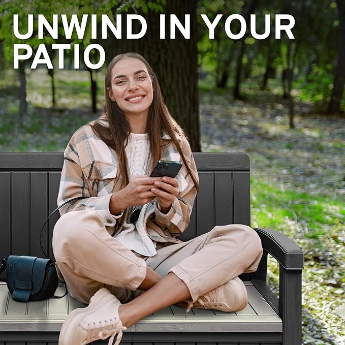 EconoHome 2 Seat Outdoor Storage Bench with Rain Cover - 60 Gallon Capacity - Weatherproof Resin Bench for Patio, Porch, Garden, Yard, Pool Area - Furniture for Pool Accessories, Gardening Tools-VerdiqueGarden