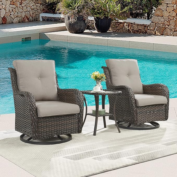 Outdoor Patio Swivel Rocker Chairs - 3 Piece Patio Bistro Set,Wicker Patio Furniture Set with 2 Swivel Rocking Chairs and 1 Glass Top Side Table for Deck Porch Garden,rown/Grey-VerdiqueGarden