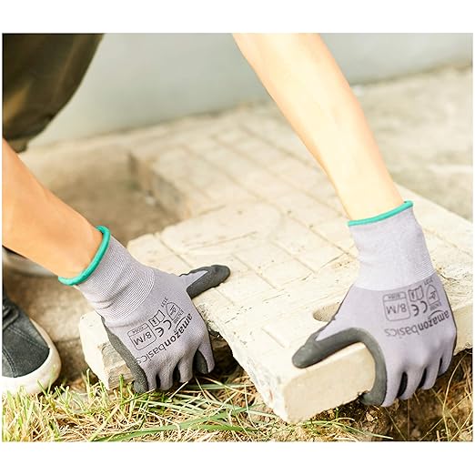 Amazon Basics Micro-Foam Nitrile Coated Work Gloves, Nylon Liner Fiber, Touch Screen, Size 8/M, 12 Pairs, Grey-VerdiqueGarden