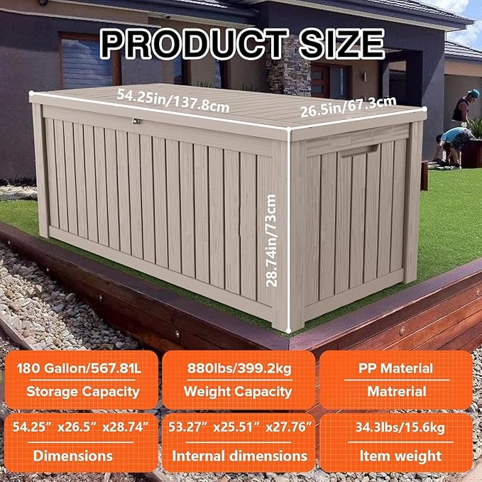 180 Gallon Resin Deck Box, Waterproof Outdoor Storage Bin for Patio Furniture, Pool Accessories, and Garden Tools, Lockable & UV-Resistant, Grey-VerdiqueGarden