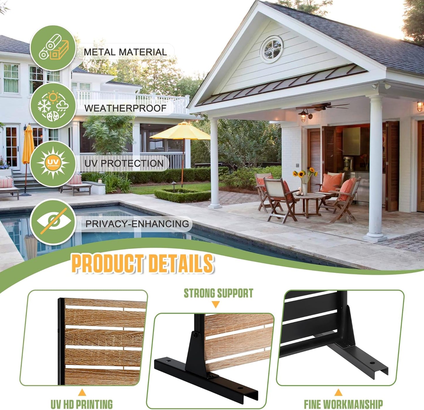 Metal Privacy Screen Outdoor 72" H×47" W,Freestanding Decorative Privacy Screen for Balcony Yard&Garden,Privacy Fence-Wooden Color-VerdiqueGarden