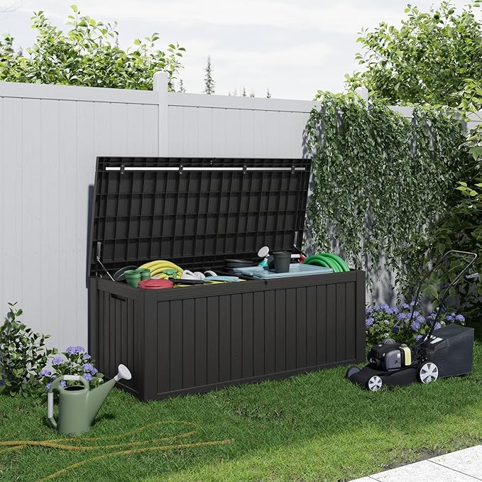 DRATO 150 Gallon Outdoor Storage Box, Large Waterproof Deck Box, Lockable Resin Storage Container with Reinforced Support for Patio Cushions, Garden Tools, UV-Resistant Outdoor Chest(Black)-VerdiqueGarden