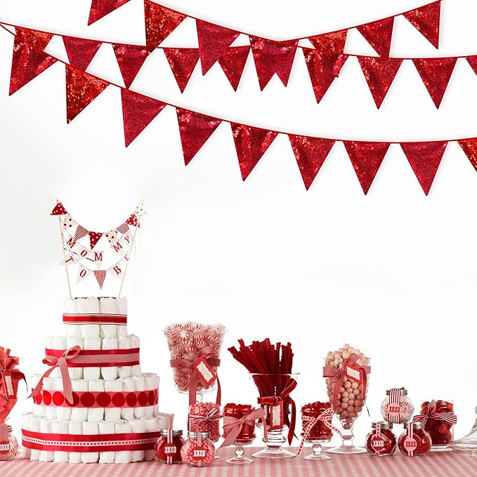Red Party Decorations Double Sided Sequin Red Triangle Pennant Banner Flag Bunting Garland for Birthday Graduations Anniversary Wedding Engagement Bachelorette Valentines Bridal Shower Hen Party Decor-VerdiqueGarden