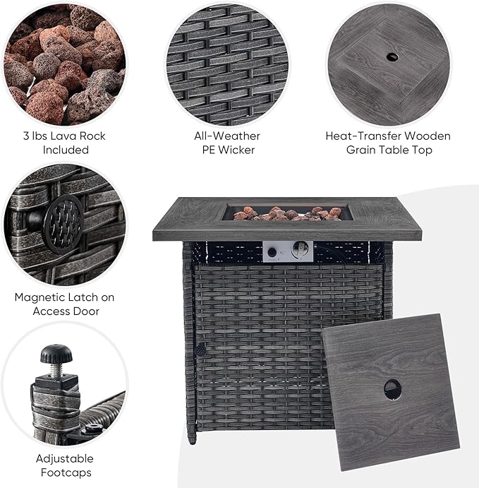 5 Pieces Patio Wicker Furniture Set - 4 Outdoor Swivel Rocker Glider Chairs with Propane Fire Pit Table, Patio Conversation Set Grey Cushion Perfect for Casual Gathering-VerdiqueGarden