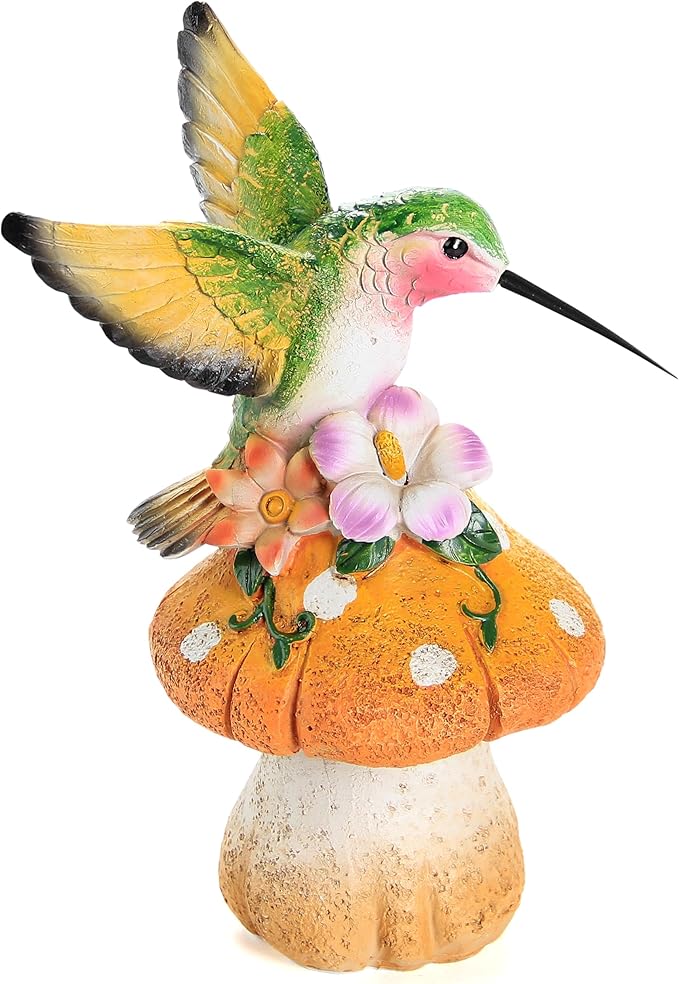Hummingbird Stand on Mushroom for Garden Decorations,Hummingbird Statue for Outdoor Backyard Yard Porch Patio Lawn Outside Indoor Home Shelf Decor Accents,Bird Sculpture Figurine-VerdiqueGarden