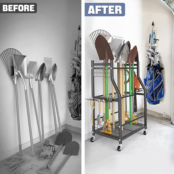 WALMANN Garden Tool Organizer with Wheels for Garage, Rakes/Shovels/Yard Tools Storage Stand for Garden, Shed, Indoor/Outdoor Long-Handled Tools Rolling Cart-VerdiqueGarden