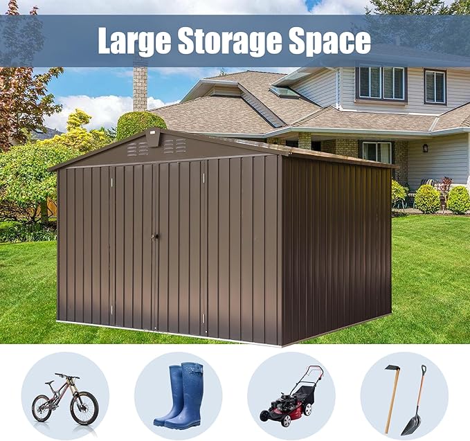 Domi Outdoor Storage Shed 10' x 8’, Metal Garden Shed with Galvanized Steel Frame for Bike, Tools, Lawn Mowers, Pool Toys, Outdoor Storage Cabinet with Lockable Door for Garden Lawn Patio (Dark Brown)-VerdiqueGarden