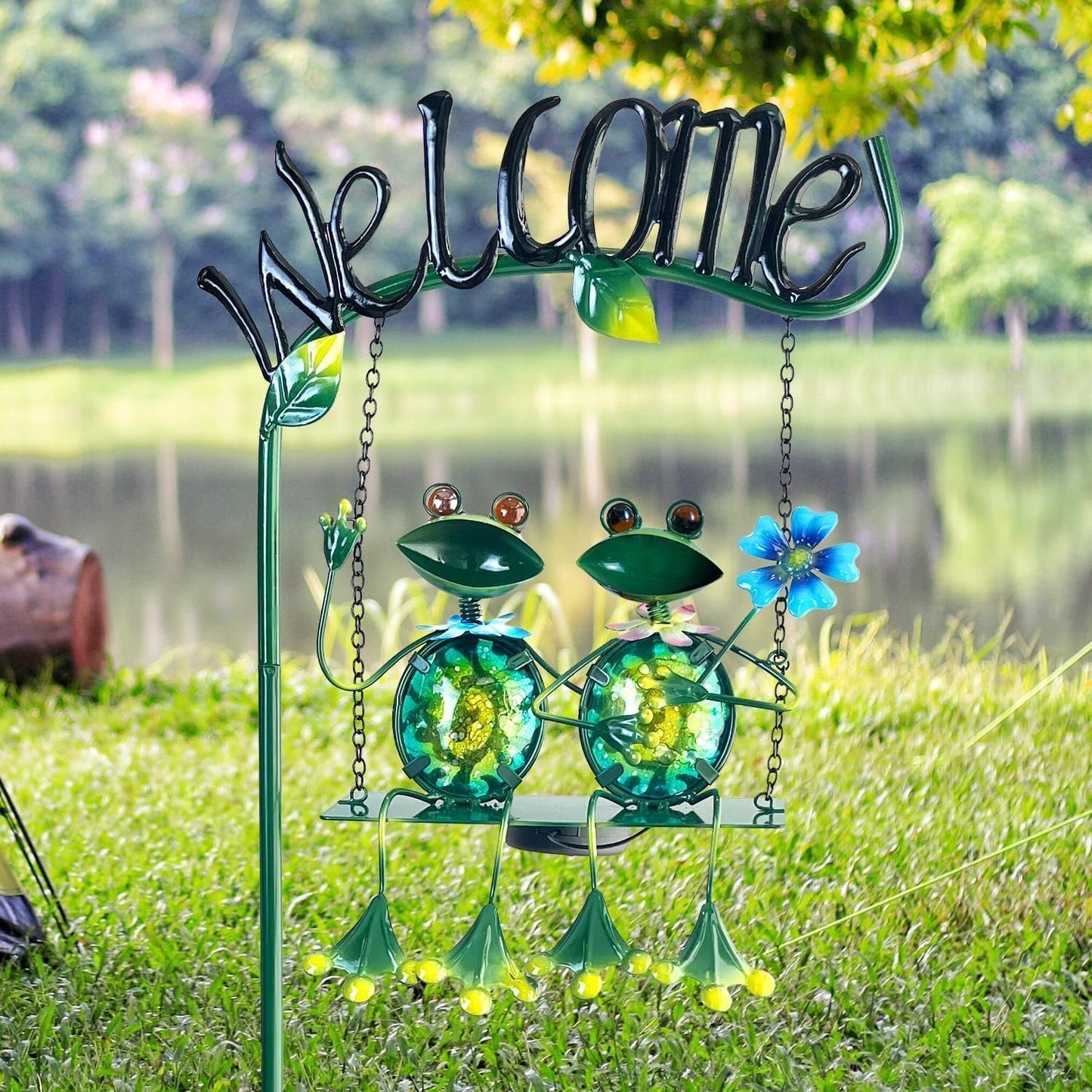 HONGLAND Outdoor Garden Solar Lights,Frog Swing Garden Decor,Frog Decorative Stake with Welcome Sign for Landscape Patio Yard (48 inch)-VerdiqueGarden