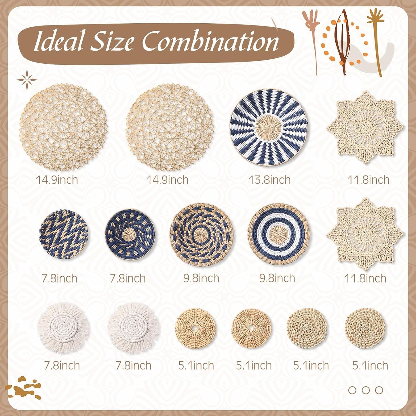 15 Pcs Boho Wall Basket Decor Woven Rattan Seagrass Wall Decor Hanging Rustic Farmhouse Western Art Decoration for Nursery Living Room Bedroom Home Kitchen(Blue Style)-VerdiqueGarden