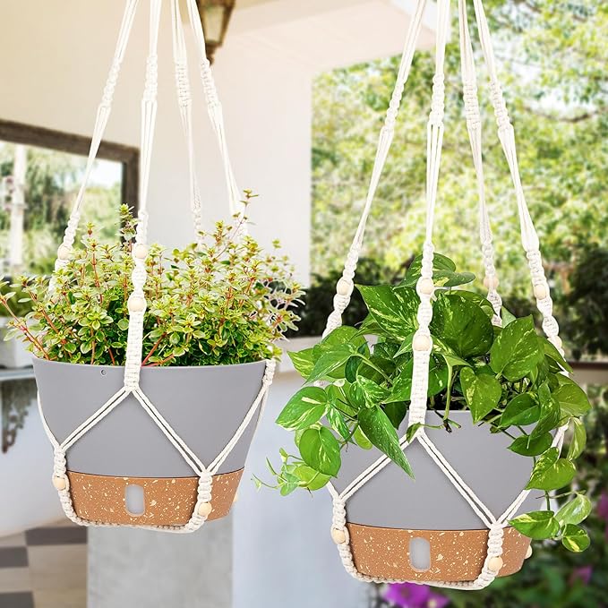 QCQHDU 2 Pack Hanging Planters for Indoor Plants, Outdoor Hanging Baskets, Self Watering Pots with Drainage Holes & Removable Tray (Light Grey, 10 inch, Macrame Hanger)-VerdiqueGarden