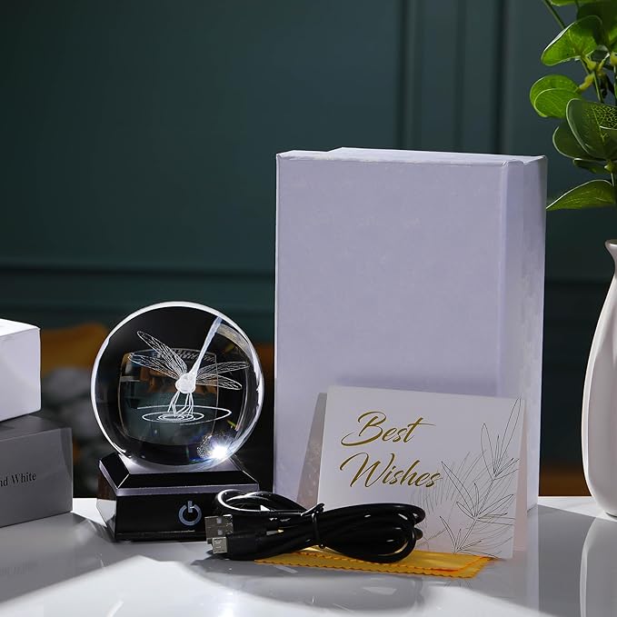 Qianwei Dragonfly Gifts for Women 3D Crystal Ball 3.14'' - Laser Dragonfly Decor Glass Animals Dragonfly Gifts Figurines Statue Stuff for Room Decorations Dragonfly Night Light-VerdiqueGarden