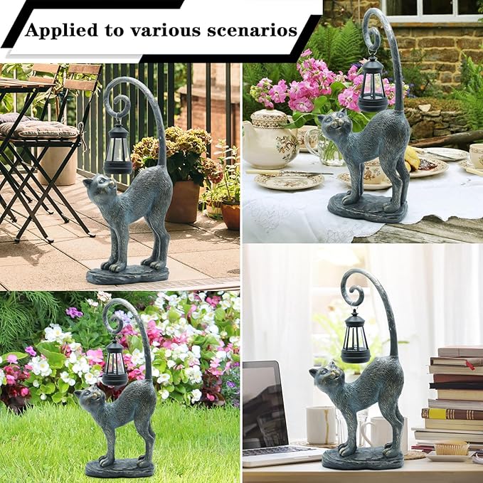 Resin Cat Statue with Solar Lantern, Eye-catching Garden Sculpture Decor,15.3" Height Outdoor Figurine for Garden Yard Patio Decorations,Birthday Gifts-VerdiqueGarden