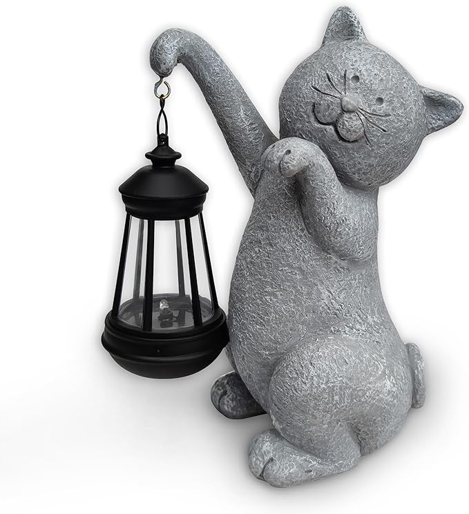Cat Solar Garden Statues,Resin Cat Figurine Decorations with Solar Lights Lantern, Outdoor,Statue Decor Art for Lawn,Yard,Unique Housewarming Gift for Garden Home-VerdiqueGarden