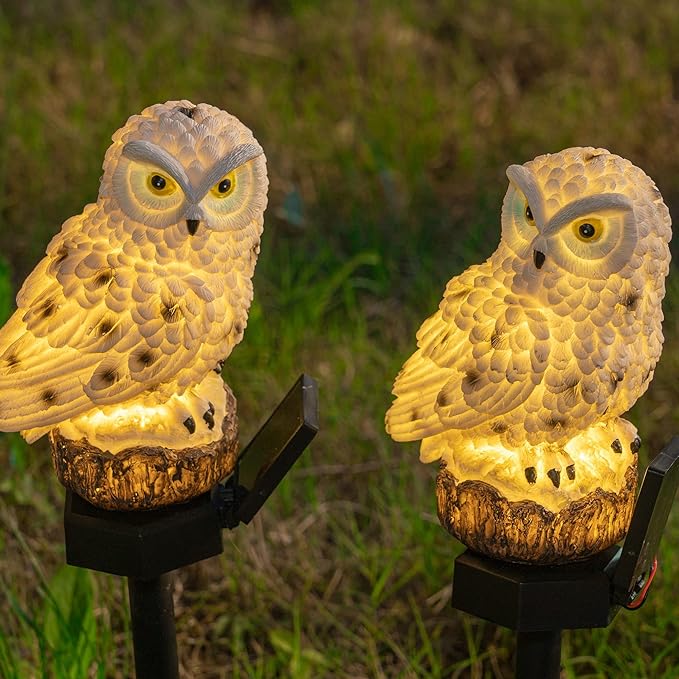 Dazzle Bright 2 Pack Owl Figure Solar LED Lights, Resin Garden Waterproof Decorations with Stake for Outdoor Yard Pathway Outside Patio Lawn Decor to Scare Birds Away, Gifts for Women, Owl Lovers-VerdiqueGarden