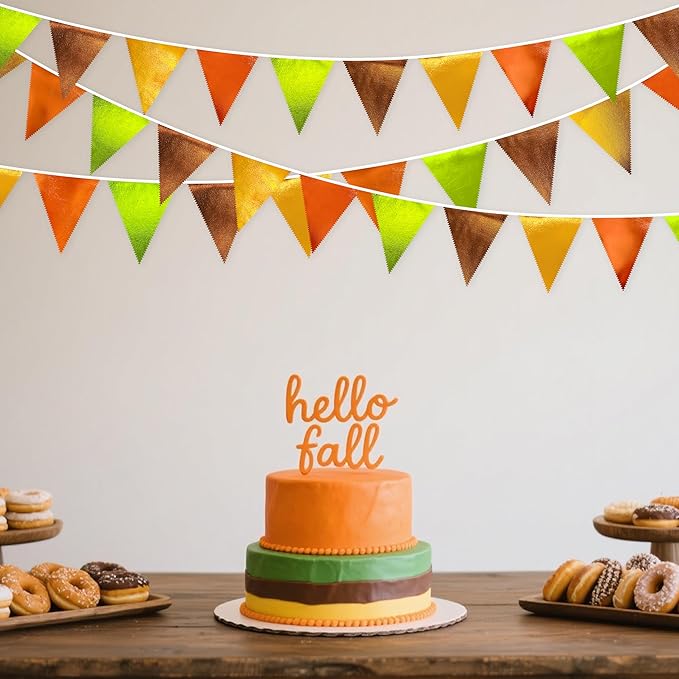 Fall Party Decorations Orange Green Gold Brown Metallic Fabric Triangle Pennant Flag Bunting Banner for Fall Autumn Thanksgiving Wedding Birthday Baby Shower Bridal Shower Engagement Party Supplies-VerdiqueGarden