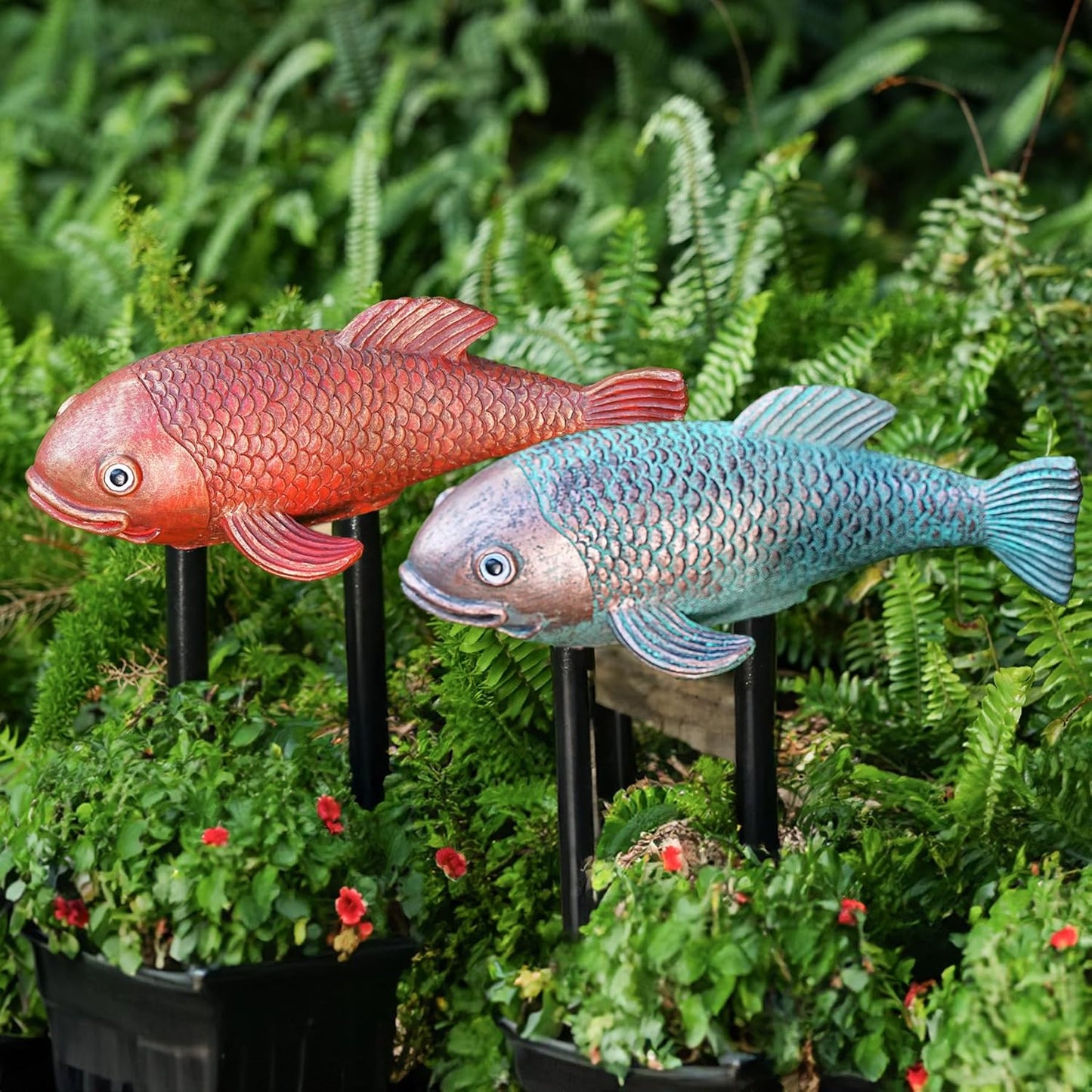 10.8" Resin Koi Pond Kit, 2Pcs Antique Koi Fish Garden Statues, Yard Pond Decor, Large Outdoor Statues Ornaments, Real Fish Sculpture Art, Garden for Outdoors-VerdiqueGarden