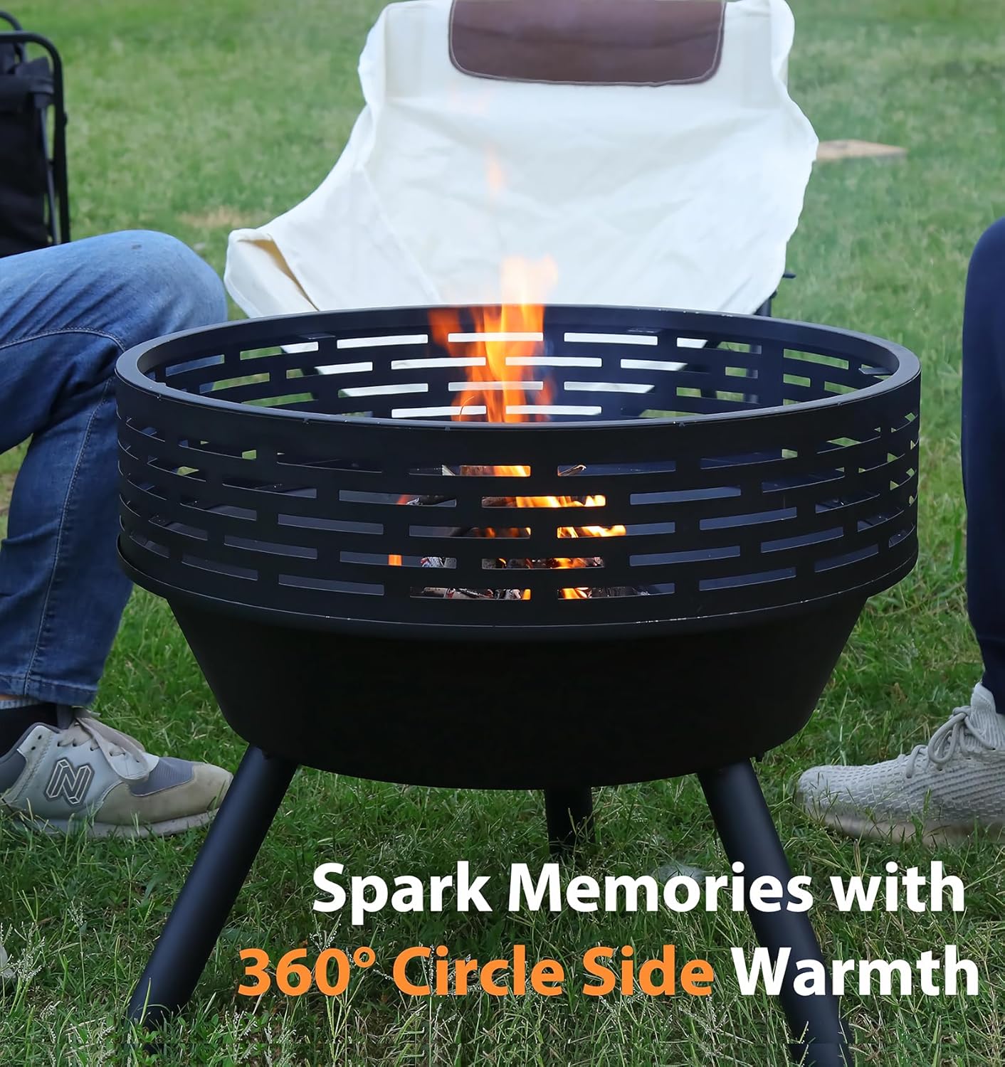 23 Inch Cast Iron Round Fire Pit with Grill, 3-in-1 Outdoor Fire Bowl, Fire Pit Table with Metal Lid and Fire Poker, Wood Burning Firepit for BBQ Bonfire Patio Picnic-VerdiqueGarden