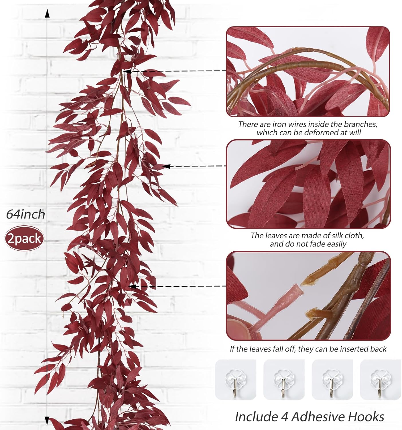 RECUTMS Artificial Hanging Willow Leaves Vine Twigs 2Pcs 5.7Ft Fake Silk Burgundy Leaf Ivy Fall Garland Faux Greenery Indoor Outdoor Valentines Day Wedding Birthday Christmas Thanksgiving Party Decor-VerdiqueGarden