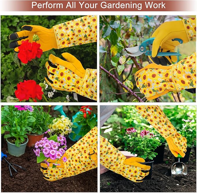 DLY Gardening Gloves for Women, Rose Gloves Gardening Thorn Proof, Long Garden Gloves for Women, Breathable Cowhide Leather Gauntlet (Large, Yellow-VerdiqueGarden