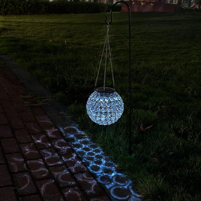 Solar Lantern Hanging Outdoor Christmas Decorative, Dual LEDs Dia 7.5‘’ Color Changing and Cool White Crystal Globe Hanging Lights Waterproof with S Hooks Decor in Garden, Pathway, Front Door-Clear-VerdiqueGarden