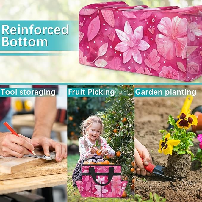 Rose Red flower Gardening Tool Bag,Heavy Duty Garden Tote Bag,Portable Oxford Gardening Storage Basket Organizer Handbag with Pockets Handle,Hand Tools Gifts for Outdoor Garden Lawn-VerdiqueGarden