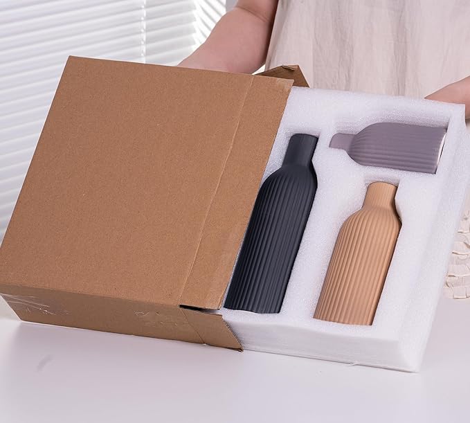 Ceramic Vase Set of 3, Flower Vases for Spring Room Decor, Kitchen Farmhouse, Modern Boho Style(Khaki/Black/Grey)-VerdiqueGarden