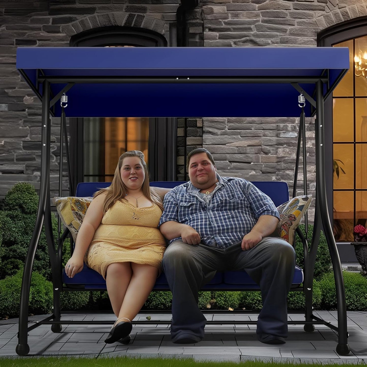 3-Seat Porch Swing Bed with Adjustable Canopy & Removable Cushions, Heavy Duty Steel Frame Outdoor Patio Swings Glider Chair for Backyard, Garden, Deck, Blue-VerdiqueGarden