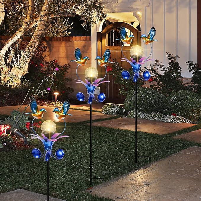 VCUTEKA Solar Lights Outdoor Metal Garden Stake Waterproof Crackle Glass Globe Garden Decor Blue Jay Bird for Pathway, Lawn, Patio, Yard-VerdiqueGarden