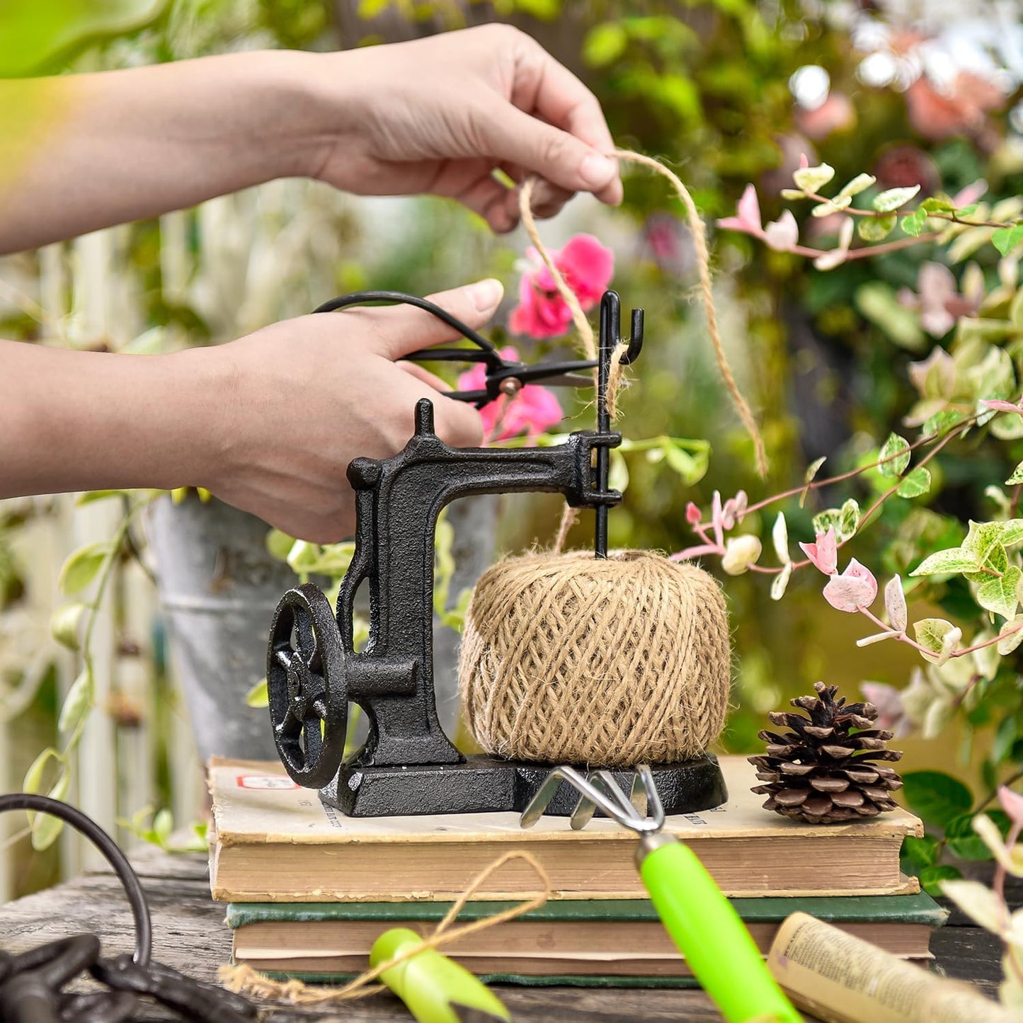 Sungmor Cast Iron Twine Holder and Scissors Set, Vintage Jute Twine Garden String Holder, Decorative Twine Dispenser with Cutter for Crafting, Gardening, Gift Wrapping, Sewing Machine Shape-VerdiqueGarden