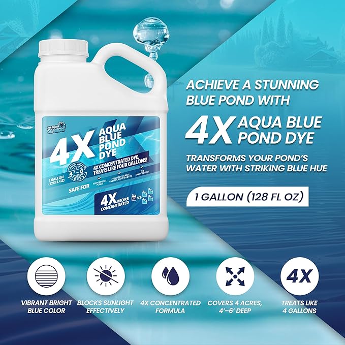 1 Gallon Aqua Blue Pond Dye 4X Concentrate, Lake & Pond Dye Blue for Aqua Colored Water, Ideal Lake Colorant, Aquashade Colorant That Protects Against Sunlight - Ideal for Fish and Wildlife-VerdiqueGarden