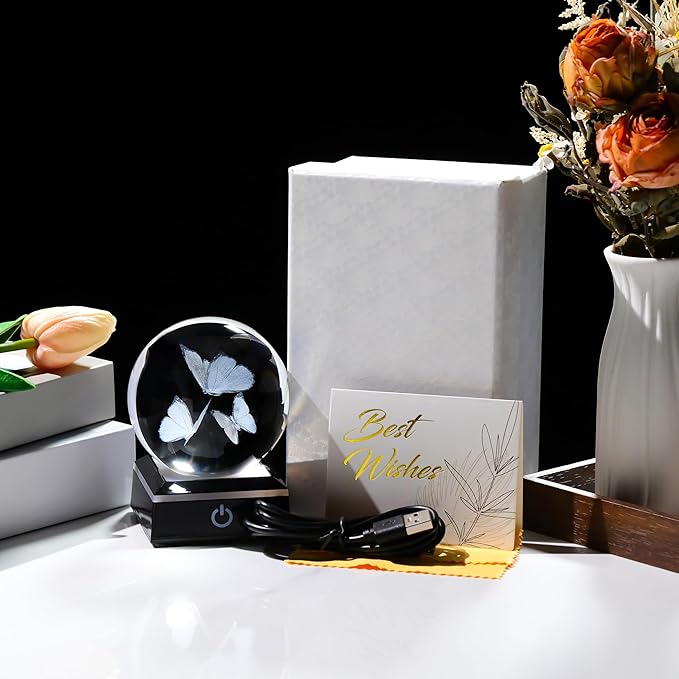 Qianwei Butterfly Gifts for Women 3D Crystal Ball 3.14'' - 80mm Laser Decor Glass Animals Figurines Statue for Room Decorations Night Light-VerdiqueGarden