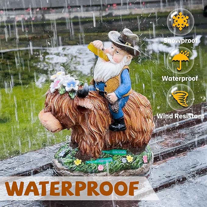 Gnome Gifts for Women, Solor Statue for Garden, Gnome and Highland Cow Figurine with Lights, Outdoor Decorations for Yard Lawn Patio, Gifts for Mom Grandma Mother in Law Gardener Mother'Day-VerdiqueGarden