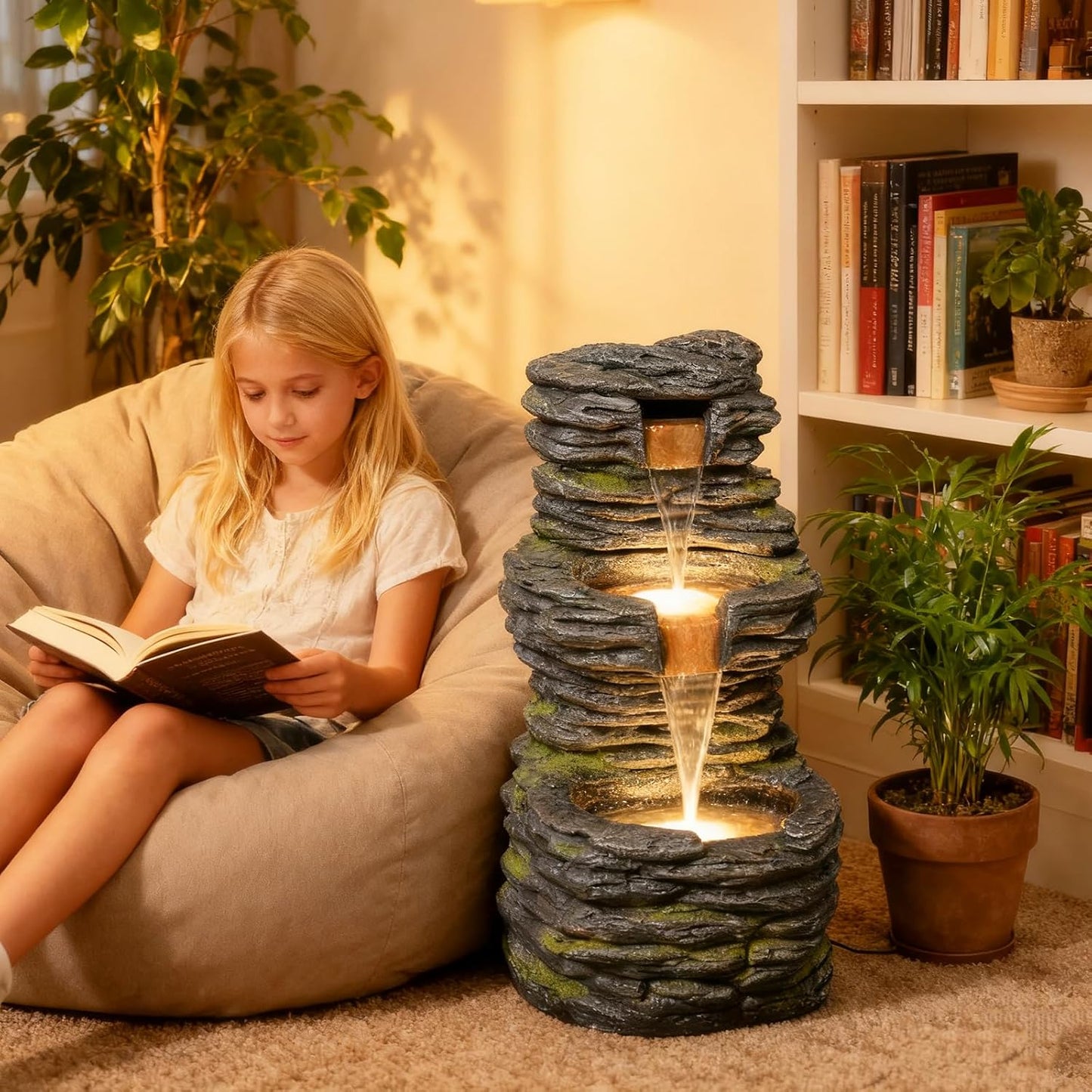 28.8” Tall Rock Water Fountain Outdoor Garden, 3-Tiers Cascading Rock Natural Waterfall Fountains with LED Lights, Indoor Resin Water Feature Fountain for Patio, Garden and Backyard, Deck, Porch, Home-VerdiqueGarden