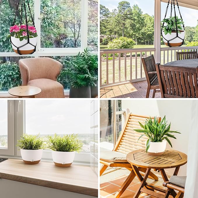 10 Inch Hanging Planter, 2 Pack Hanging Plant Self Watering Pot with Drainage Holes & Saucers, Hanging Baskets Flower Pots with Black Macrame Rope Hangers for Garden Home -White-VerdiqueGarden