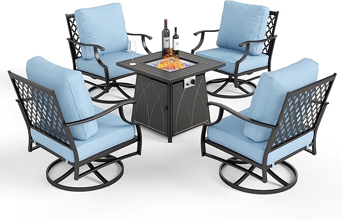 Patio Furniture Set with Fire Pit Table, 5 Pcs Metal Outdoor Conversation Set, 4 Swivel Chairs with 5.75" Extra Thick Cushion and 28" Fire Pit Table for Backyard Deck, Blue-VerdiqueGarden