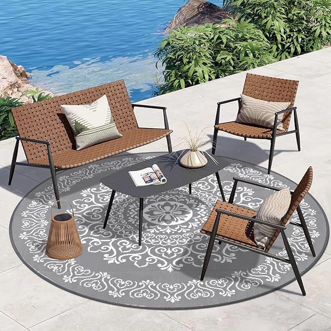 Pauwer Waterproof Outdoor Rug 8ft, Reversible Plastic Straw Patio Camping Rug, Indoor Outdoor RV Mat Carpet for Deck, Camper, Porch, Balcony, Backyard, Picnic, Floral Grey-VerdiqueGarden