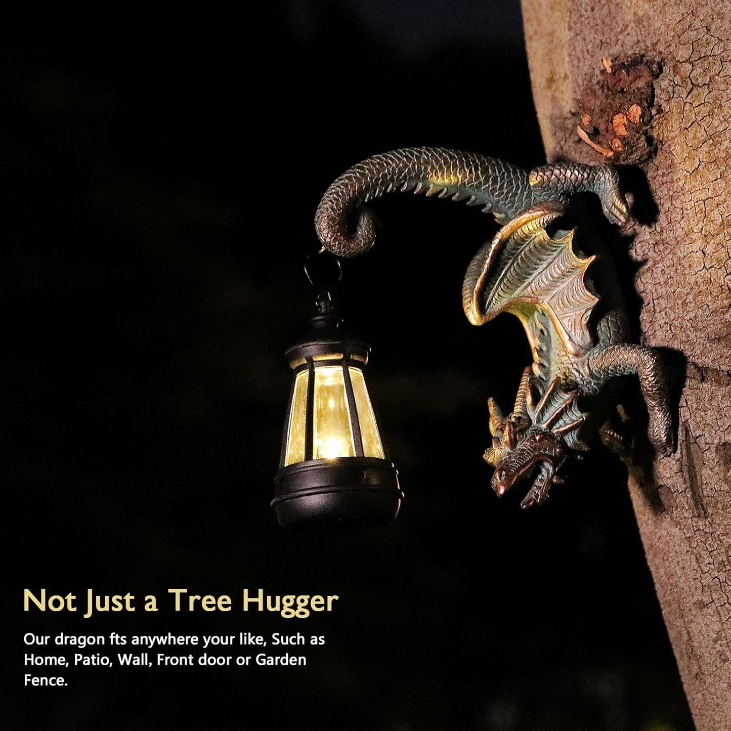 Solar Dragon Tree Hugger Statue Wall Decor - Gothic Garden Statue with Solar Lantern, Outdoor&Yard Decor, Fantasy Dragon Figurine for Trees, Walls, or Fences - Unique for Men & Women-VerdiqueGarden