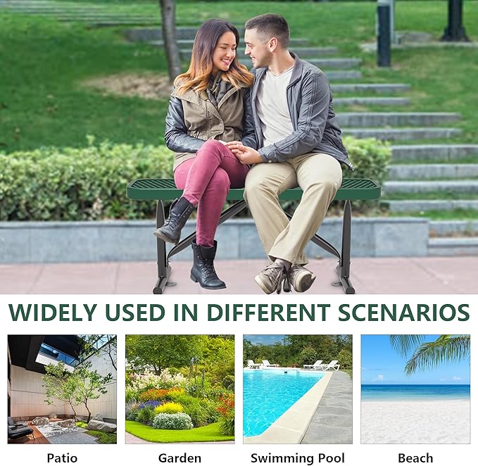 48" L Outdoor Steel Flat Bench, Heavy Duty Metal Park Bench for Outside, Expanded Metal, Commercial Benches Mesh Bench for Shopping Mall, Store, Lawn, Park, Patio, Deck, Garden (Green, 4FT)-VerdiqueGarden