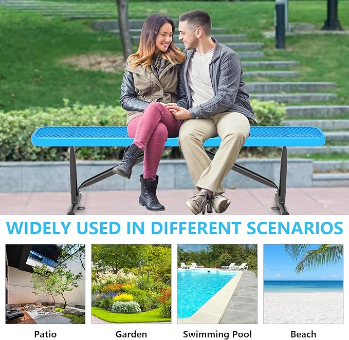 48" L Outdoor Steel Flat Bench, Heavy Duty Metal Park Bench for Outside, Expanded Metal, Commercial Benches Mesh Bench for Shopping Mall, Store, Lawn, Park, Patio, Deck, Garden (Blue, 6FT)-VerdiqueGarden