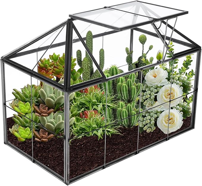 HighFree Geometric Terrarium Planter with Swing Lid, House Shape Black Handmade Glass Box, Vintage Tabletop Miniature Terrarium, for Succulent, Cacti, Air Plants (Not Watertight - 9.2x5.5x7.3 inch)-VerdiqueGarden